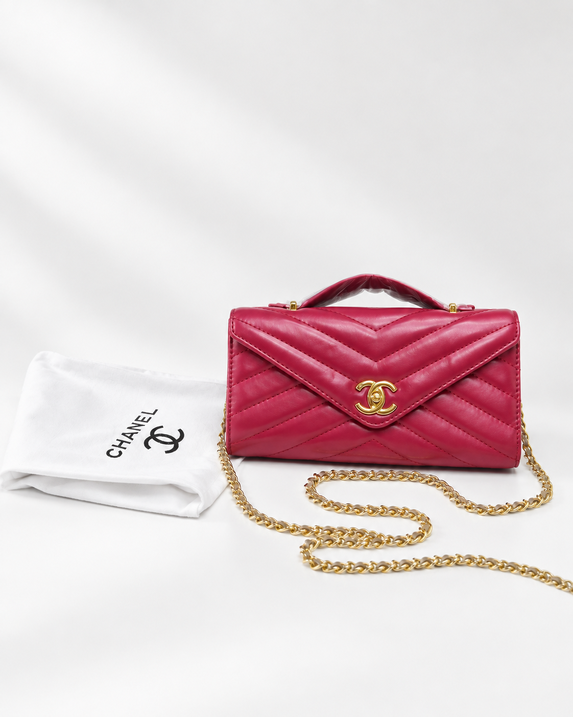 Chanel Lambskin Chevron Quilted Top Handle Envelope Clutch