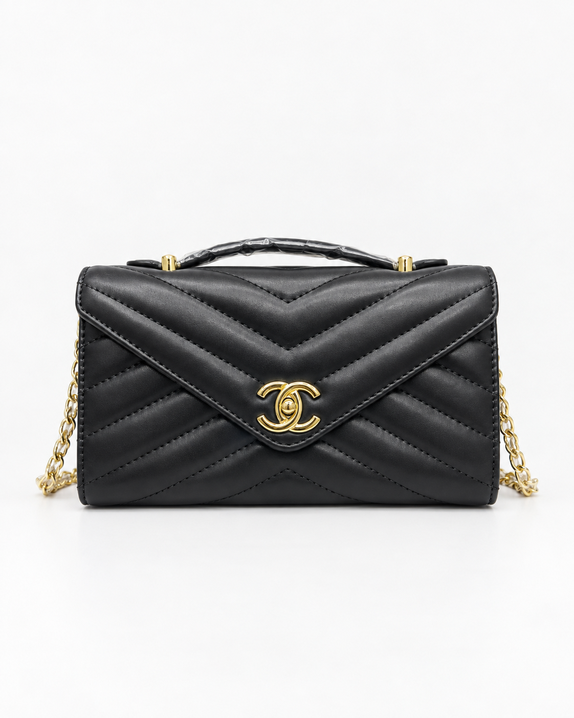 Chanel Lambskin Chevron Quilted Top Handle Envelope Clutch