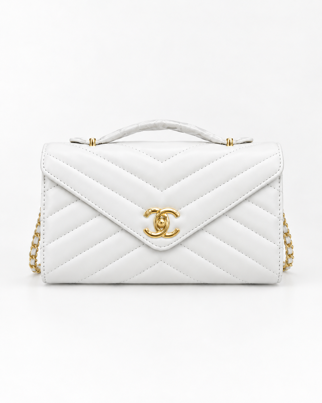 Chanel Lambskin Chevron Quilted Top Handle Envelope Clutch
