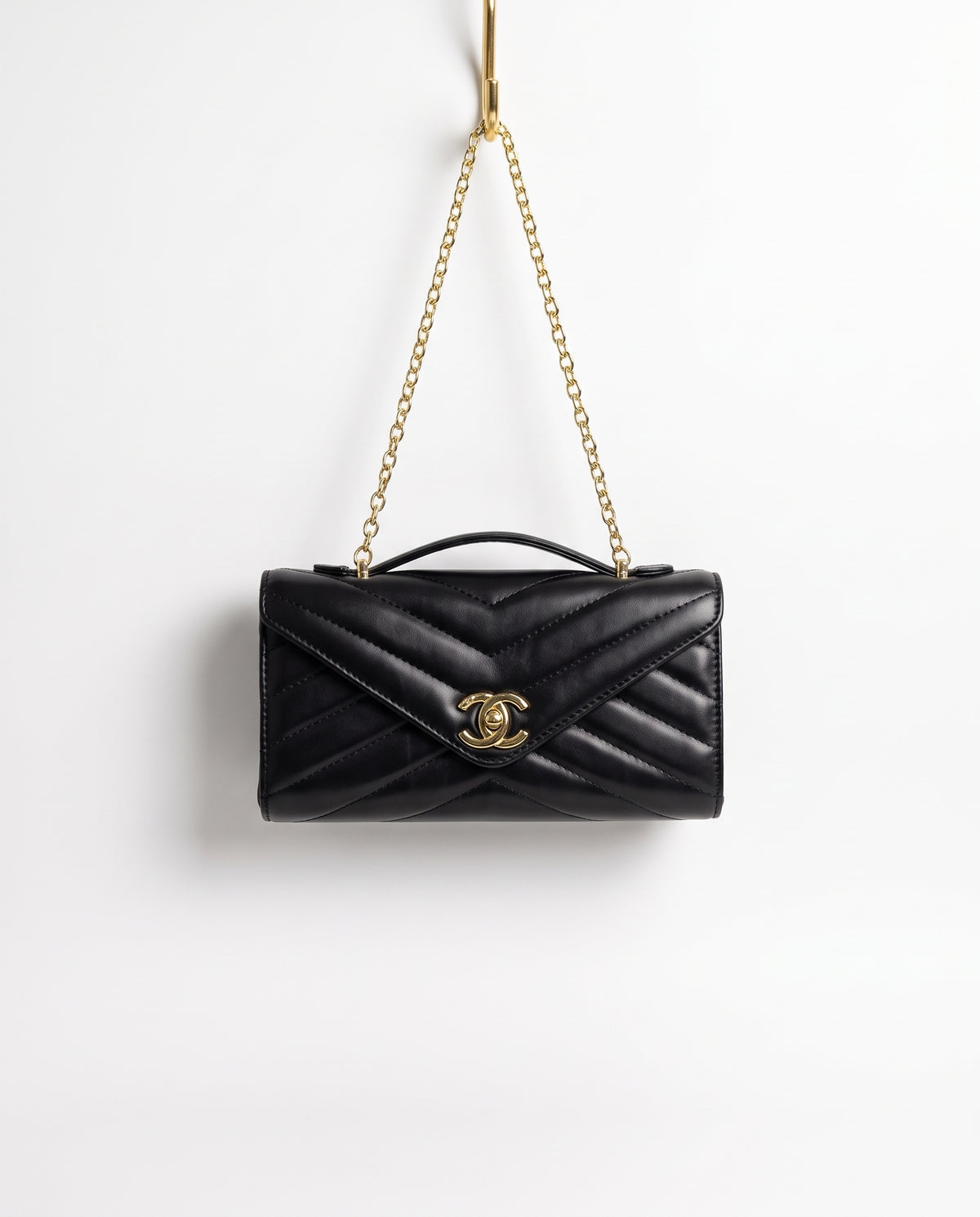 Chanel Lambskin Chevron Quilted Top Handle Envelope Clutch