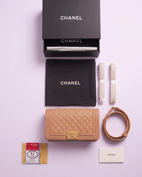 Chanel Beige Quilted Caviar Leather Medium Boy Flap Bag