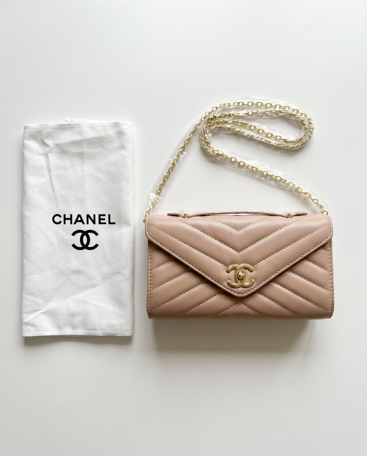 Chanel Lambskin Chevron Quilted Top Handle Envelope Clutch