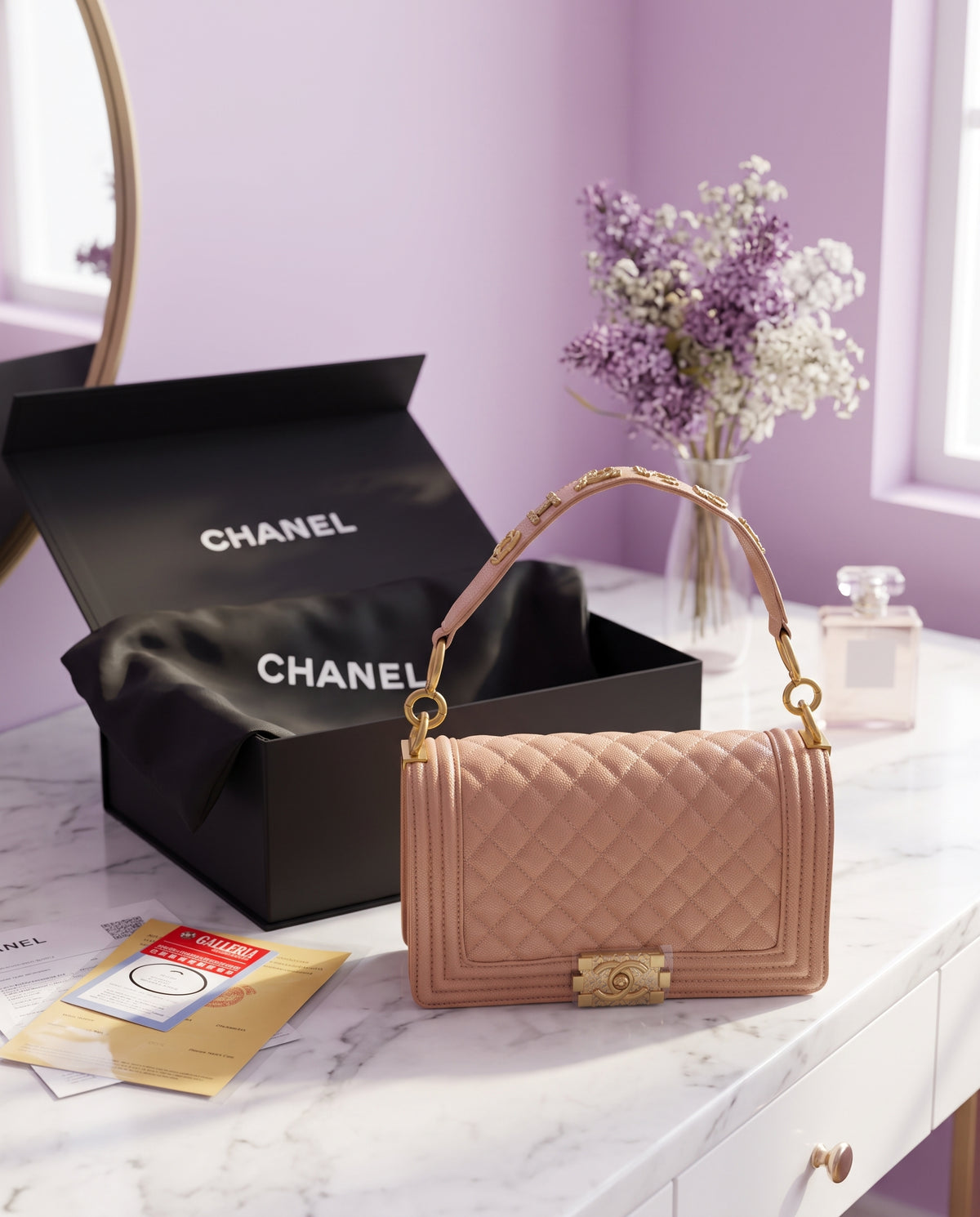 Chanel Beige Quilted Caviar Leather Medium Boy Flap Bag