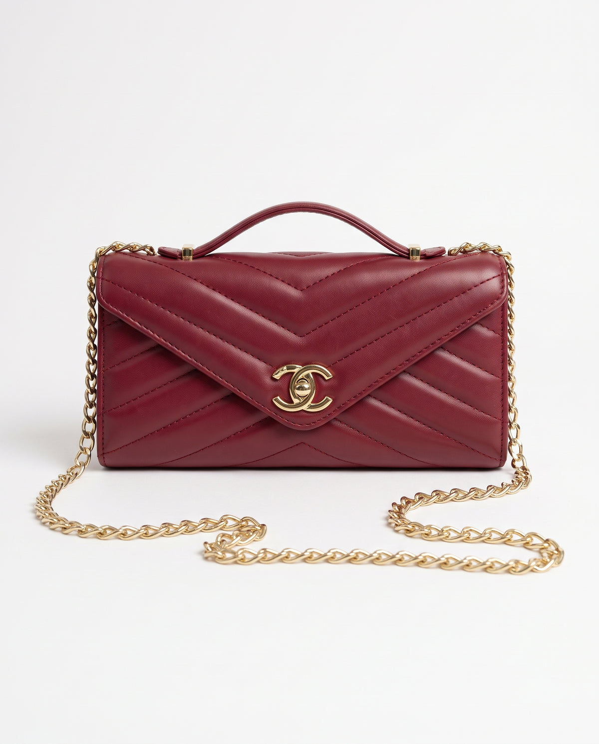 Chanel Lambskin Chevron Quilted Top Handle Envelope Clutch