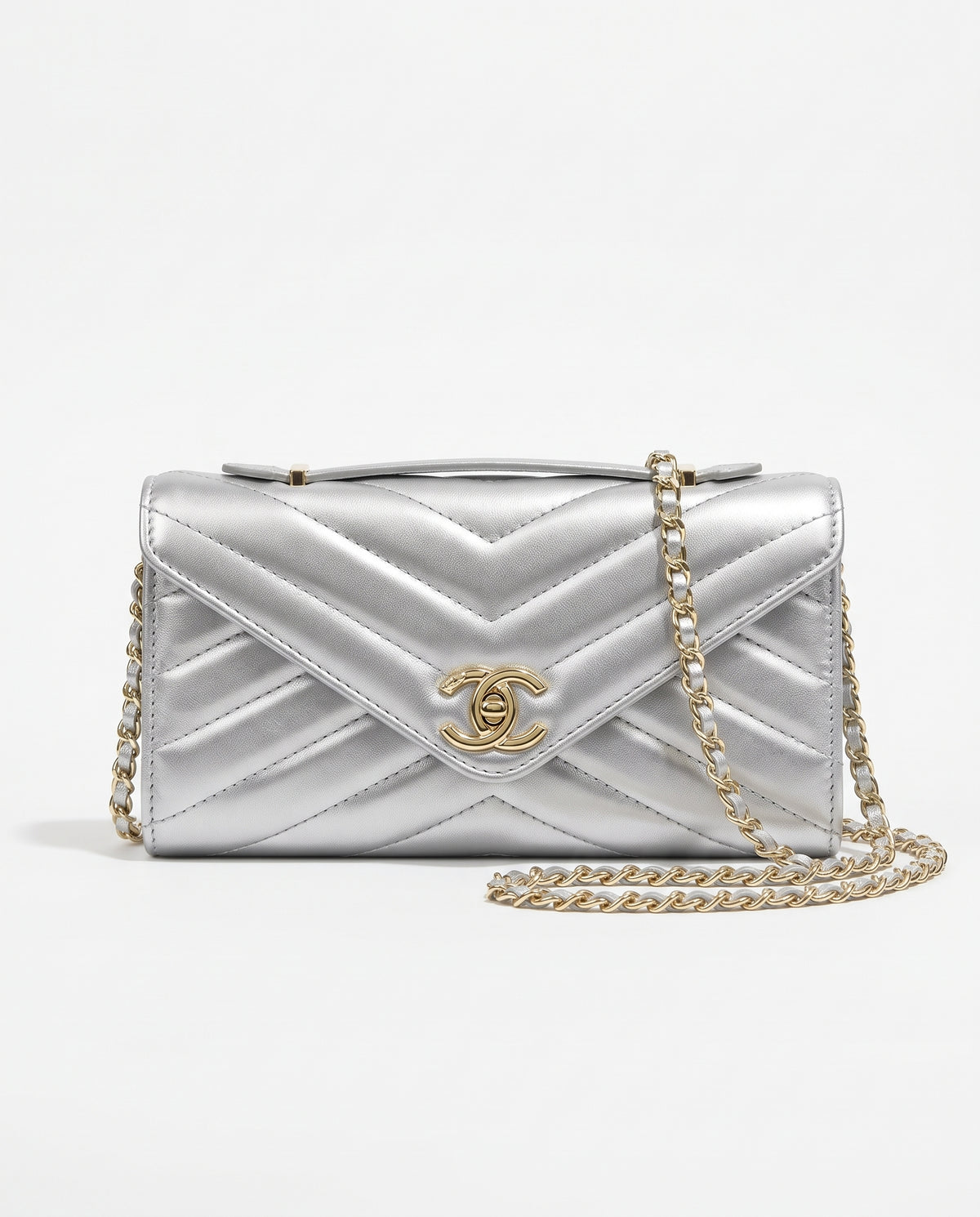 Chanel Lambskin Chevron Quilted Top Handle Envelope Clutch
