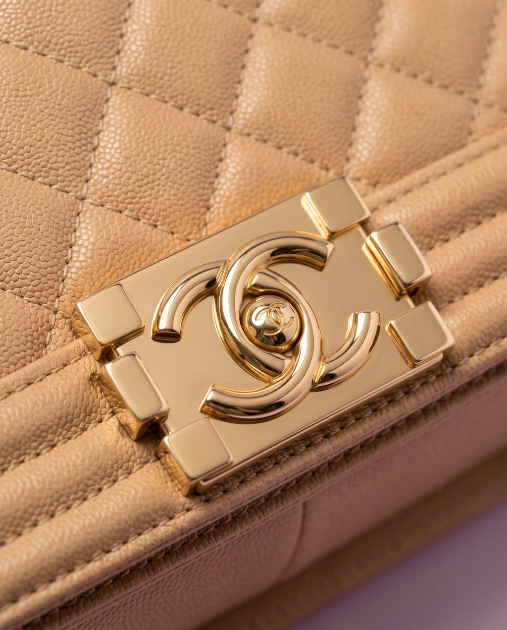 Chanel Beige Quilted Caviar Leather Medium Boy Flap Bag