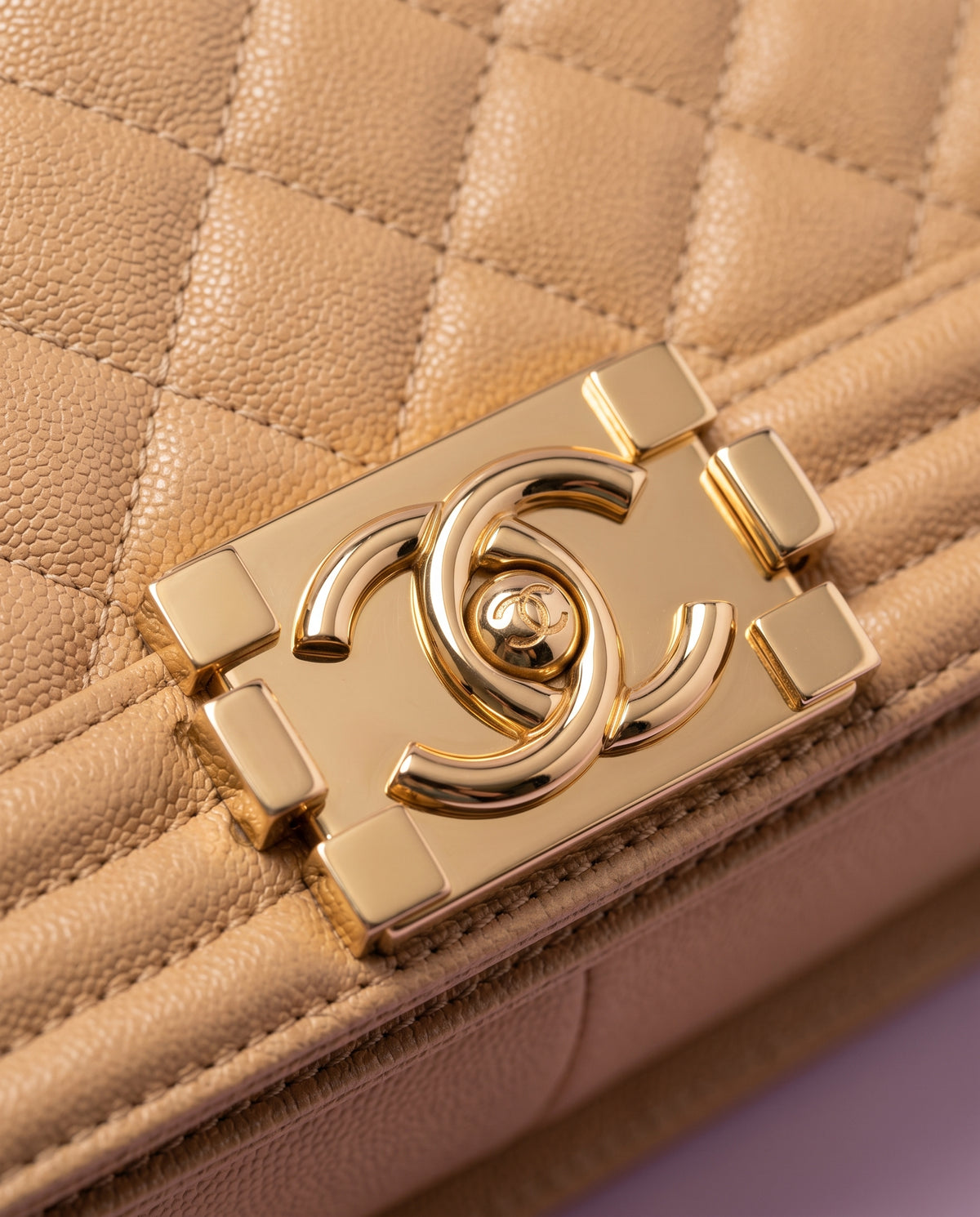 Chanel Beige Quilted Caviar Leather Medium Boy Flap Bag