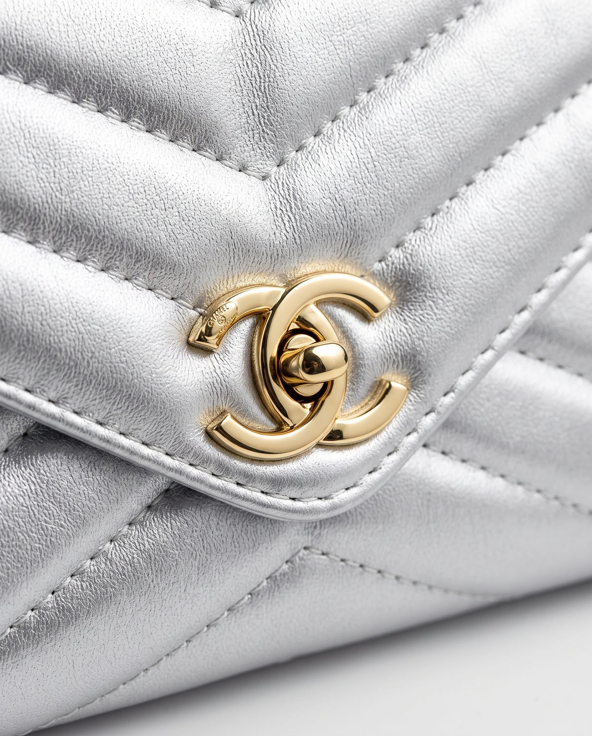 Chanel Lambskin Chevron Quilted Top Handle Envelope Clutch