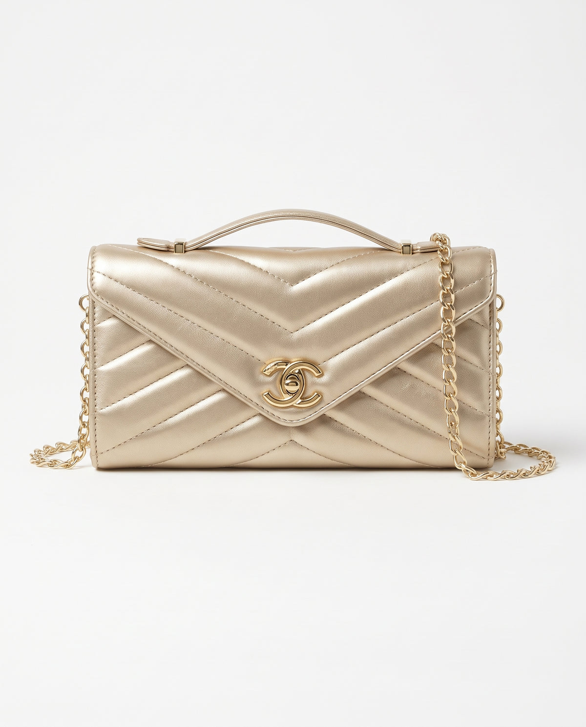 Chanel Lambskin Chevron Quilted Top Handle Envelope Clutch