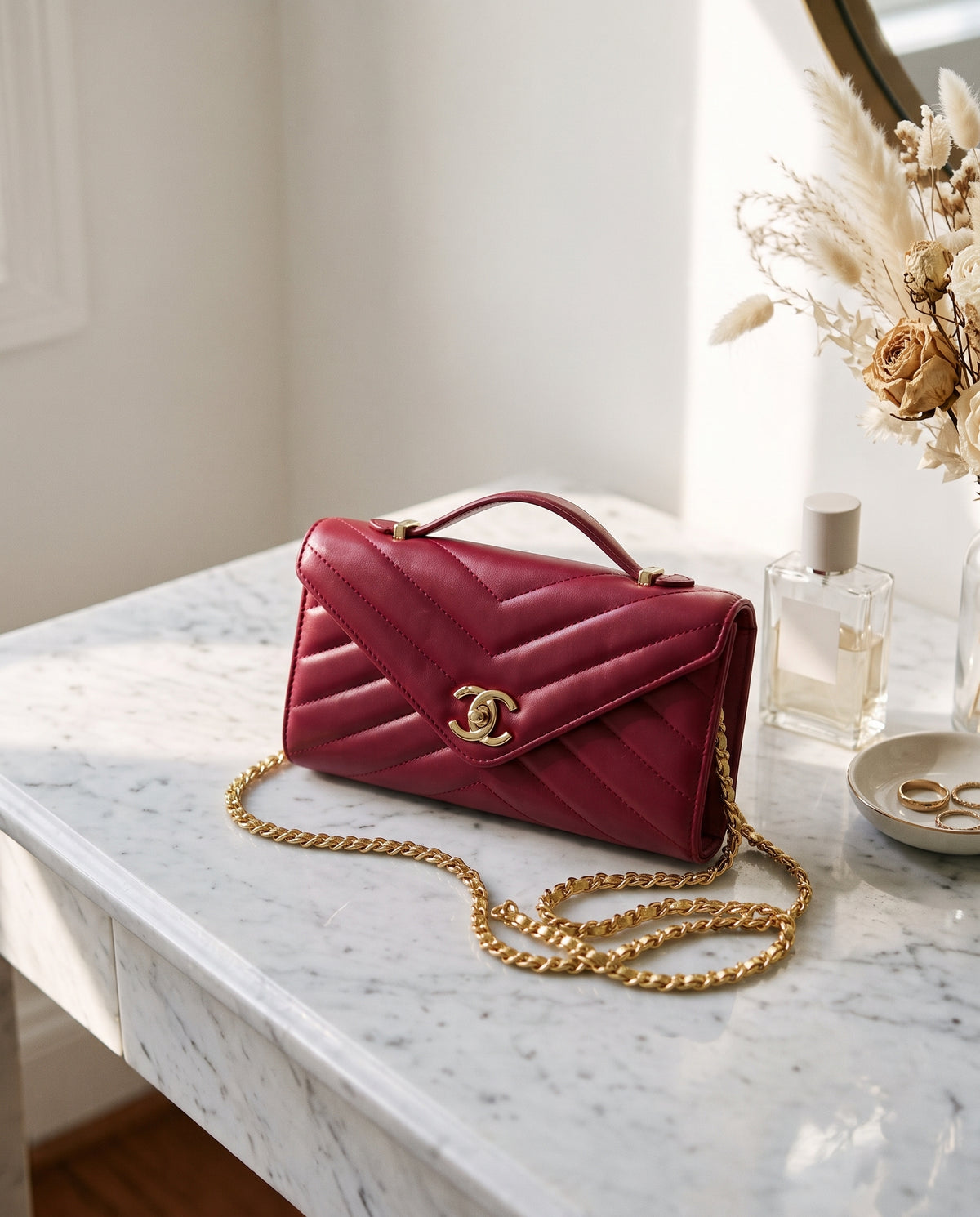 Chanel Lambskin Chevron Quilted Top Handle Envelope Clutch