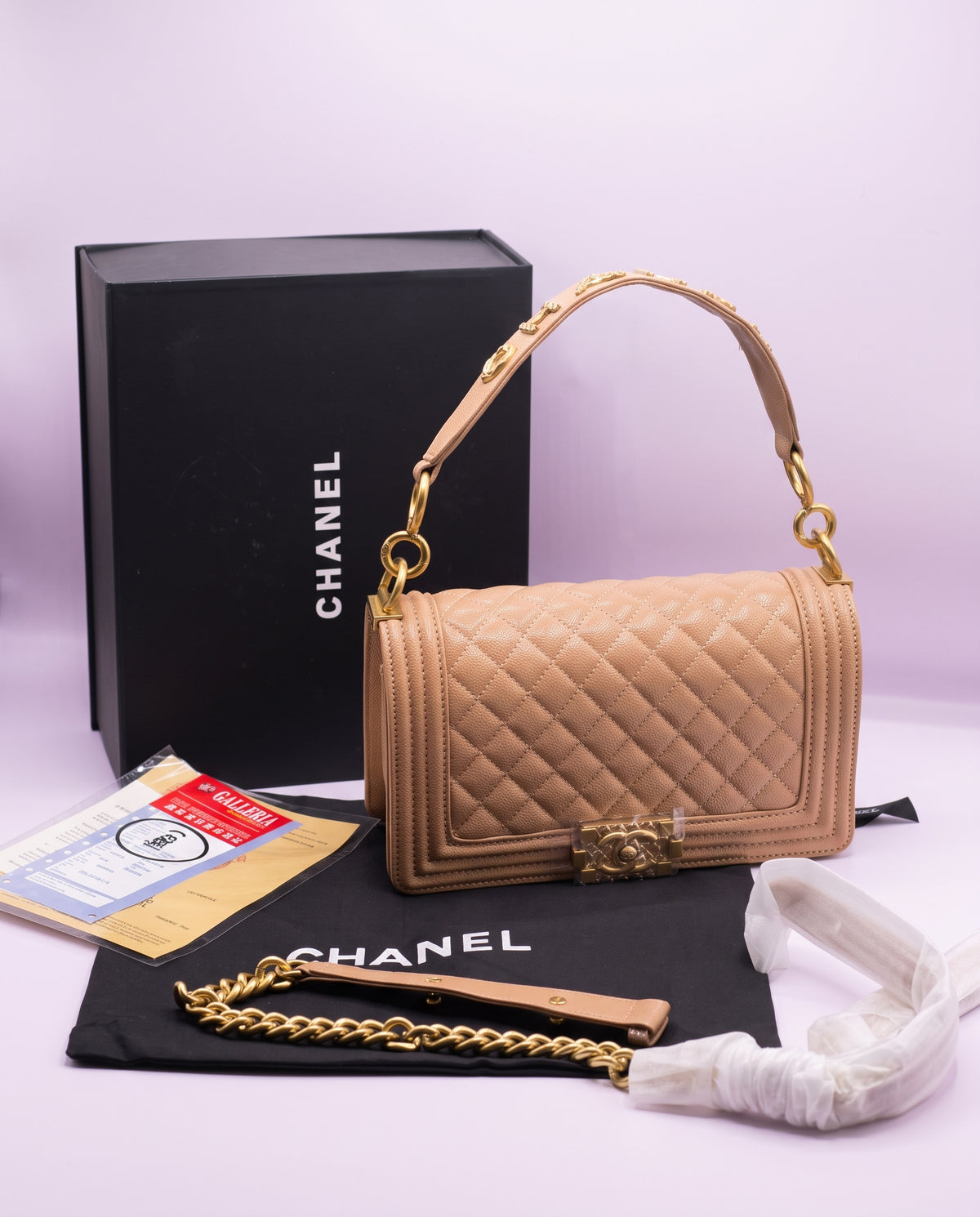 Chanel Beige Quilted Caviar Leather Medium Boy Flap Bag